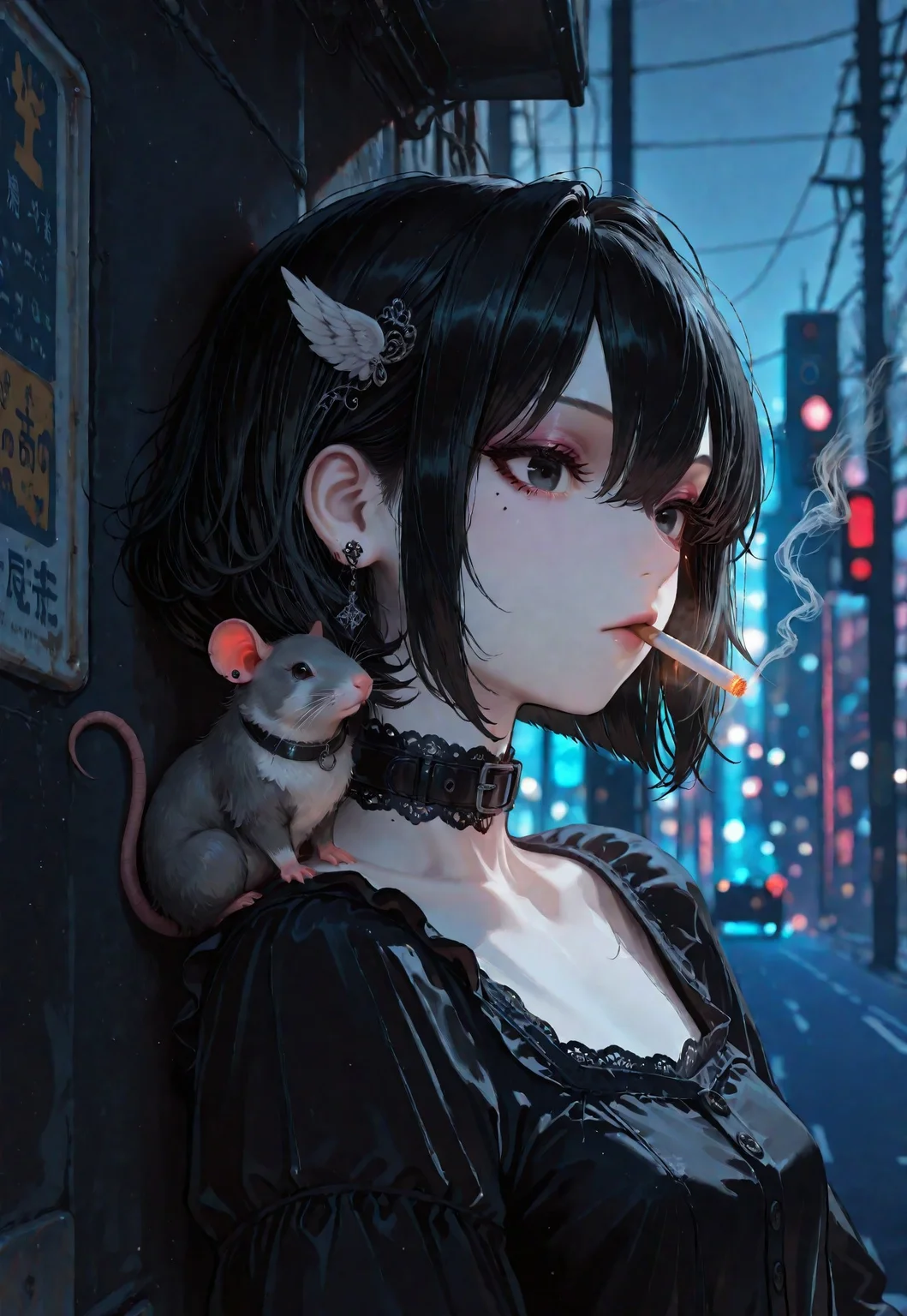 masterpiece, highres, newest,best quality, very aesthetic, absurdres, newest, very awa, realistic,HassaKu_illu, oc-chan_(ketopon), 1girl, solo, black hair, bob cut, hair between eyes, solid black eyes, detailed eyes, eyelashes, mole under eye, makeup, mascara, expressionless, head up, looking to the side, feathered hair ornament, pale skin, earrings, piercing, goth fashion, frilled dress, square neckline, detached high collard, smoking, cigarette, mouth hold, smoke, lace trim, collar bones, leaning against wall, dark theme,spot light, animal, rat on shoulder, curled tail, upper body, solo focus,outdoors, traffic light, power lines, utility pole, road sign,  modern cityscape, city lights, neon signs, nightlife, scenery, from side, vanishing point, blurry background, bokeh lights, Ethereal Brushstroke