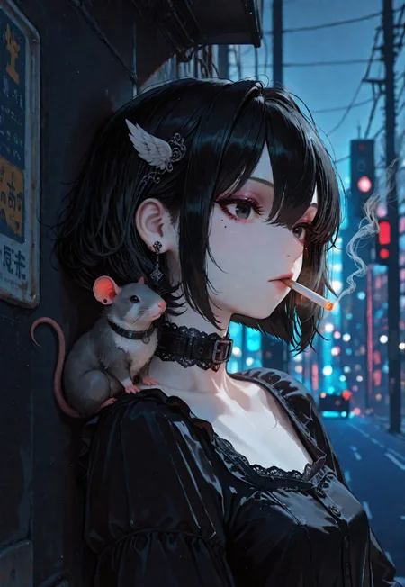 masterpiece, highres, newest,best quality, very aesthetic, absurdres, newest, very awa, realistic,HassaKu_illu, oc-chan_(ketopon), 1girl, solo, black hair, bob cut, hair between eyes, solid black eyes, detailed eyes, eyelashes, mole under eye, makeup, mascara, expressionless, head up, looking to the side, feathered hair ornament, pale skin, earrings, piercing, goth fashion, frilled dress, square neckline, detached high collard, smoking, cigarette, mouth hold, smoke, lace trim, collar bones, leaning against wall, dark theme,spot light, animal, rat on shoulder, curled tail, upper body, solo focus,outdoors, traffic light, power lines, utility pole, road sign, modern cityscape, city lights, neon signs, nightlife, scenery, from side, vanishing point, blurry background, bokeh lights, Ethereal Brushstroke