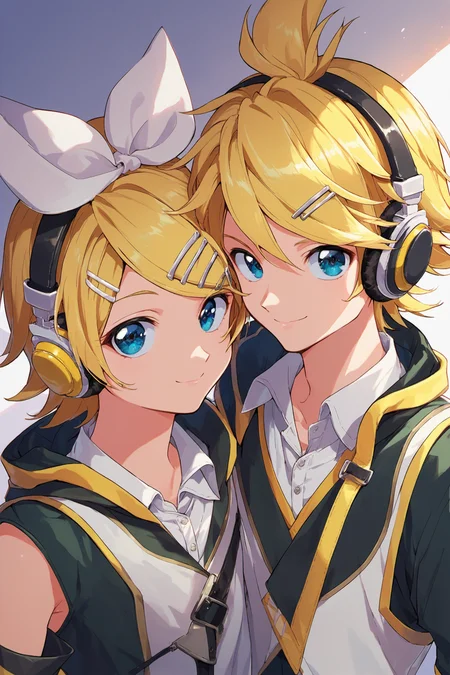 kagamine rin,1girl,kagamine len,1boy,blonde hair,short hair,looking at viewer,twins,detached sleeves,brother and sister,headphones,hair ornament,siblings,smile,blue eyes,hairclip,upper body,bangs,score_9,score_8_up,score_7_up,<lora:hrn_yc_XL_PONY:0.9>,