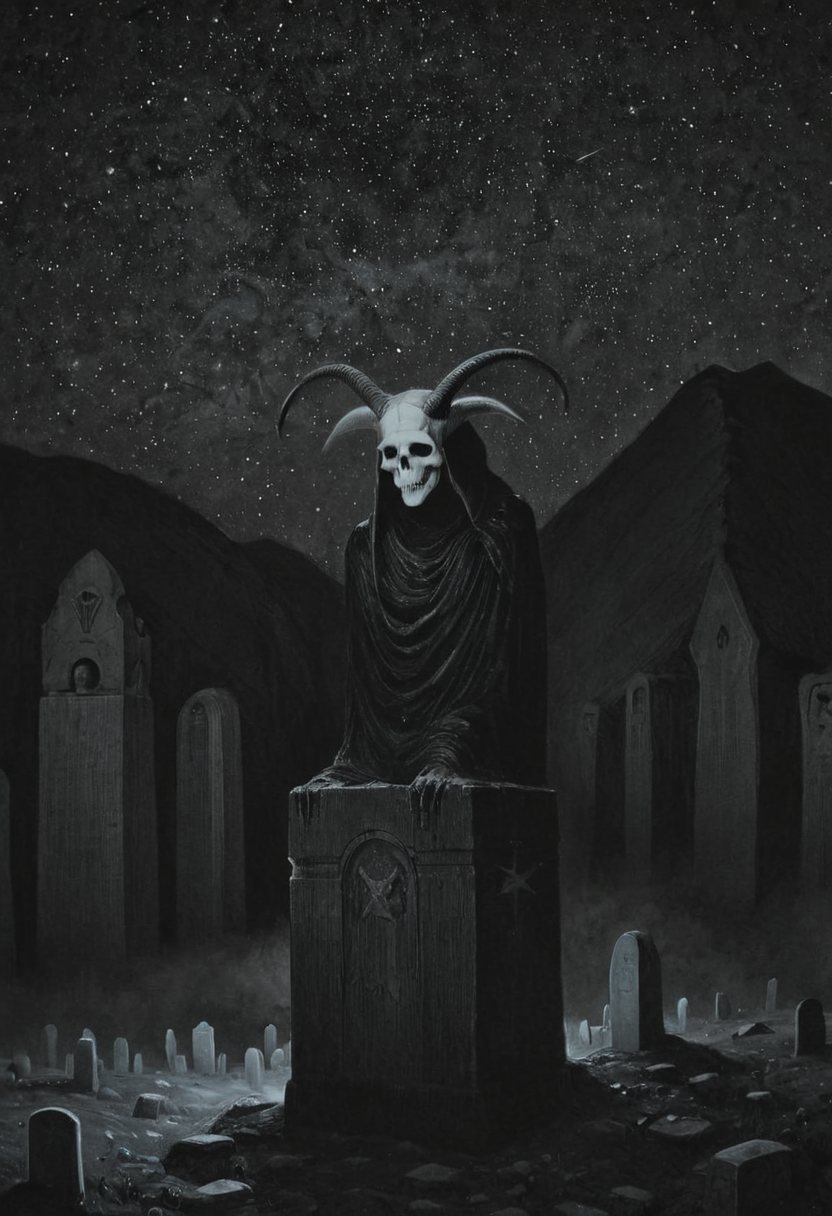 monoxxdr4ws, A dark, monochrome drawing depicting a horned skull-faced figure on a pedestal surrounded by tombs and spectral entities under a starry sky