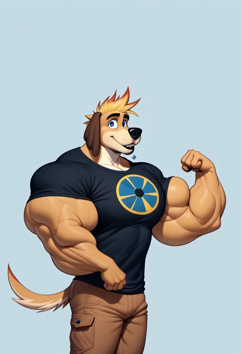 core_9, score_8_up, score_7_up, score_6_up, score_5_up, score_4_up, detailed fur, anthro male, furry male, solo, bedroom background
BREAK
JohnnyTest, solo, 1boy, blonde hair, spiked hair, blue eyes, black shirt, open blue clothes, brown pants, short blue sleeves, Dukey, solo, furry, dog ears, long ears, floppy ears, hyper muscles, hyper pecs, flexing one arm, 1arm flexing, black lip, big black lip
BREAK
<lora:add-detail-xl:1.5>
<lora:DetailedEyes_V3:1>