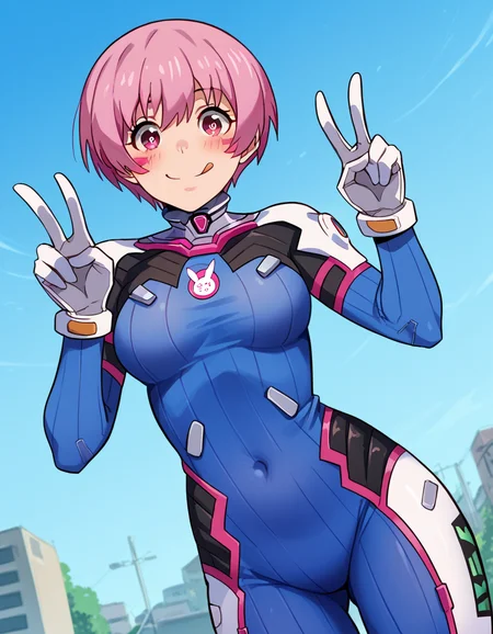 score_9, score_8_up, score_7_up, source_anime, <lora:inca-kasugatani-s2-ponyxl-lora-nochekaiser:1>, inca kasugatani, short hair, pink hair, pink eyes, medium breasts,, <lora:overwatch-dva-cosplay-ponyxl-lora-nochekaiser:1>, overwatch dva cosplay, d.va (overwatch) (cosplay), bodysuit, cosplay, covered navel, skin tight, vertical-striped bodysuit, streets, smile, blush, v, v over eye, tongue out, cowboy shot, looking at viewer, , dutch angle, cowboy shot