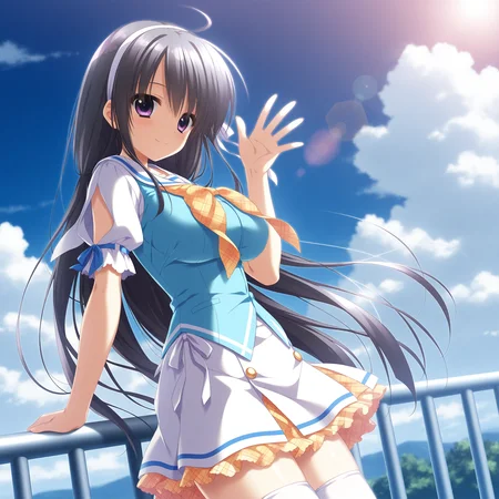 <lora:Himeno_Towa_1_nai-000028:1>,Himeno Towa,purple eyes,very long hair,large breasts,
white hairband,hair ribbon,white ribbon,
school uniform,blue vest,white thighhighs,yellow bowtie,white skirt,yellow skirt,frilled skirt,yellow frills,short sleeves,
BREAK
1girl,solo,leaning back,railing,against railing,looking at viewer,smile,waving,standing,from side,depth of field,lens_flare,sky,cloud,