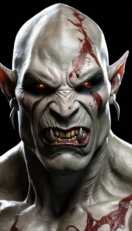 The image features a close-up of a character named Azog the Defiler, who is a goblin with a menacing appearance. He has a bloody face, large, muscular build and is wearing a necklace. The character's face is covered in scars, and he has a ferocious look on his face. The image is a digital painting, giving it a vivid and detailed appearance, <lora:add-detail-xl:1>