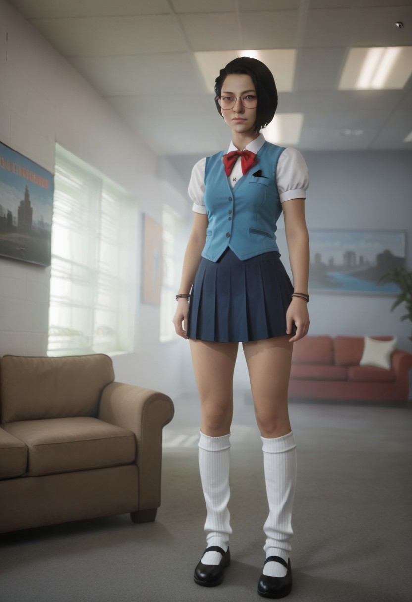 LISAlexChen, 1girl, short hair, black hair, glasses, realistic
white shirt,  puffy short sleeves, red bowtie, blue vest, buttons, blue skirt, pleated skirt, miniskirt, loose socks, white socks, black footwear, mary janes
Standing, looking at viewer, indoors, pillars, living room, couch, windows, detailed background, solo, face focus