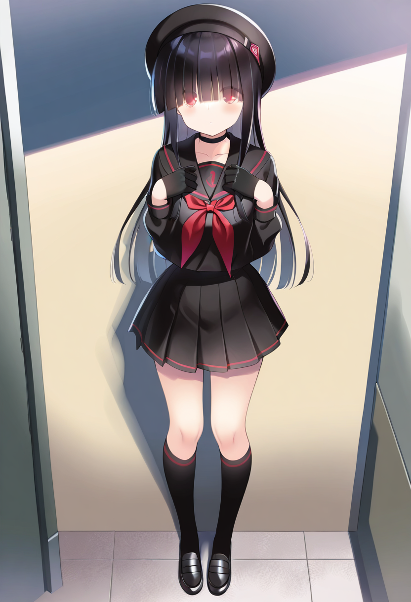 (masterpiece,best quality,ultra_detailed,highres,absurdres:1.2,amazing quality,very aesthetic),<lora:mob_ilxl_v1-000009:0.8>,1girl,school uniform,gloves,full body,(solo),hat,long hair,black socks,serafuku,hair over eyes,skirt,beret,black hair,black serafuku,black footwear,socks,black gloves,red neckerchief,choker,black headwear,neckerchief,black skirt,long bangs,faceless,blunt bangs,pleated skirt,black choker,black sailor collar,red eyes,kneehighs,sailor collar,shoes,long sleeves,standing,mob,looking at viewer,