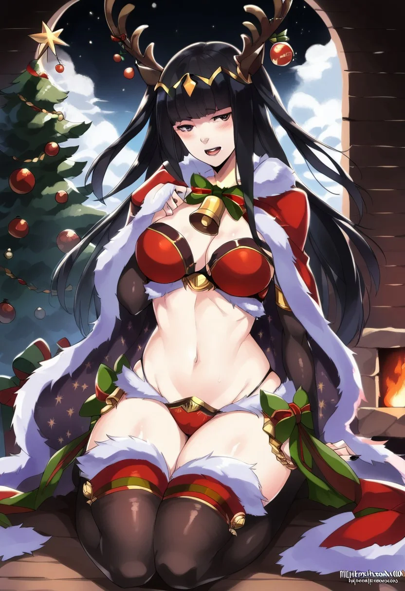 score_9, score_8_up, score_7_up,  <lora:dannex009:1>, uncensored, 1girl, TharjaWinter, black hair, long hair, antlers, bell, bikini, fur trim, large breasts, cape, cabin, fire place, Christmas tree, sitting