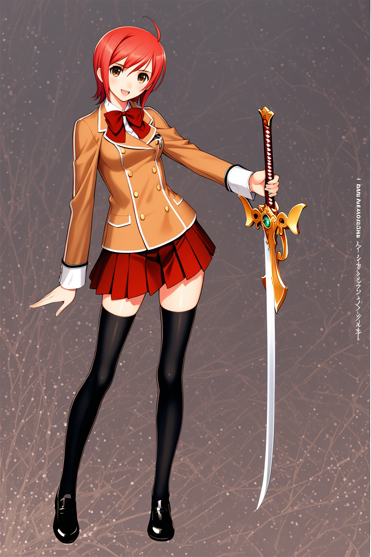 Seena Kanon,1girl,solo,thighhighs,skirt,weapon,sword,simple background,zettai ryouiki,full body,shoes,holding,looking at viewer,short hair,open mouth,school uniform,pleated skirt,holding weapon,black thighhighs,white background,holding sword,smile,jacket,bow,brown eyes,medium breasts,standing,long sleeves,buttons,bangs,red hair,blazer,bowtie,breasts,miniskirt,shiny,black footwear,
<lora:tony_XL_V2:0.8>,