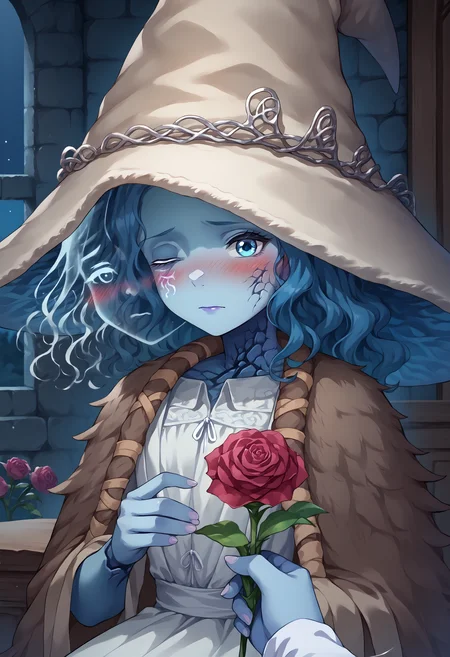 score_9, score_8_up, score_7_up, source_anime, 1girl, <lora:POVGifting_XLPD:1.3>, PovGifting, pov hands, holding flowers, flower, roses, blush, shy, upper body, indoors, <lora:Ranni_XLPD_CAME:1> IncrsXLRanni, wavy hair, cracked skin, blue skin, colored skin, extra arms, extra faces, doll joints, white dress, witch hat, brown cloak, sitting, castle, night, dark, looking at viewer, <lora:ExtraFaces_XLPD_CAME:1>, one eye closed