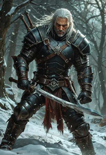 realistic, ((masterpiece)), ((best quality)), (detailed), cinematic, dynamic lighting, soft shadow, detailed outdoor landscape background, professional photography, depth of field, intricate, detailed face, subsurface scattering, the Witcher, pale skin, realistic hair, white hair, ponytail,, realistic eyes, muscular, manly, photo of a handsome man, black armour, wearing black leather armor, medieval, fantasy, shiny reflective metal, dynamic pose, fighting stance, holding weapon, white hair, (40 years old), harness, NEG-fixl-2, musclebears, JuggernautNegative, action shot, great lighting,in a snowy landscape