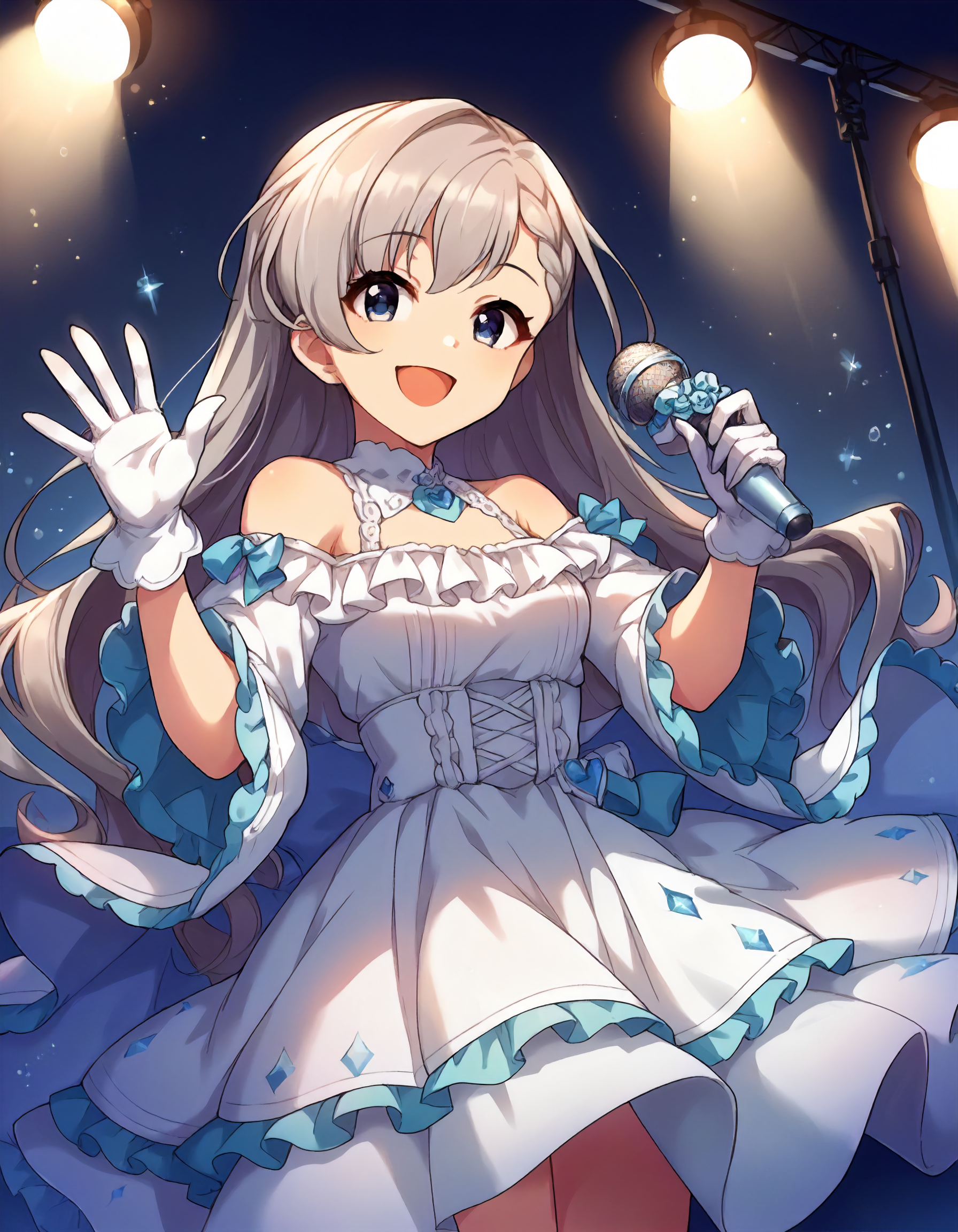 score_9,score_8_up,score_7_up,1girl,solo,cowboy shot,looking at viewer,smile,open mouth,holding microphone,waving,stage lights,
<lora:hisakawahayate_ponyXLV6:0.8>,cghh,
grey hair,braided bangs,long hair,blue eyes,
white dress,off shoulder,frills,white gloves