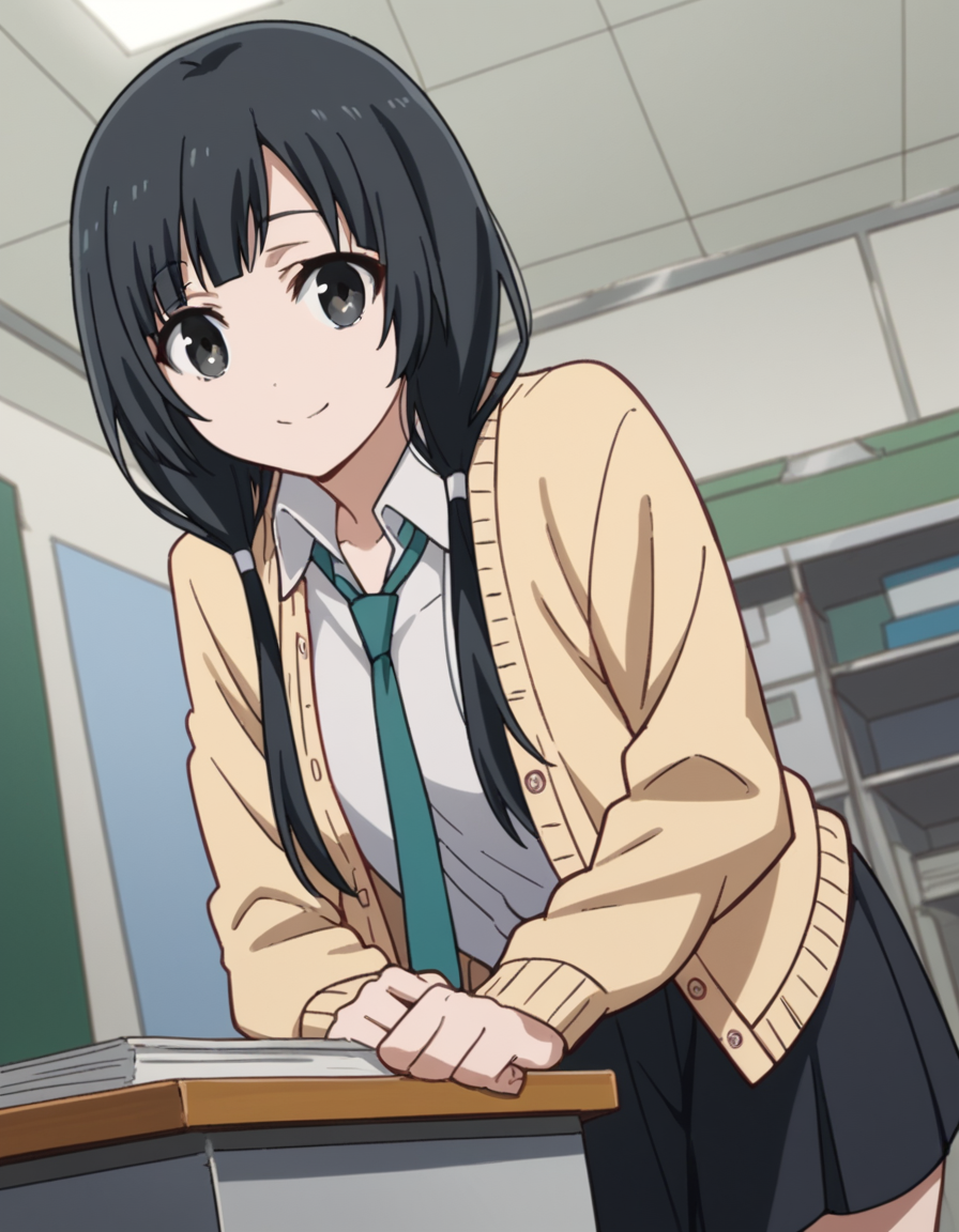 score_9, score_8_up, score_7_up, source_anime, emayasuhara, <lora:ema-yasuhara-s1-ponyxl-lora-nochekaiser:1>, ema yasuhara, long hair, black hair, twintails, black eyes, low twintails,, skirt, school uniform, necktie, cardigan, shirt, grey shirt, black skirt, yellow cardigan,, indoors, office, bent over, smile, looking at viewer, solo, cowboy shot, dutch angle