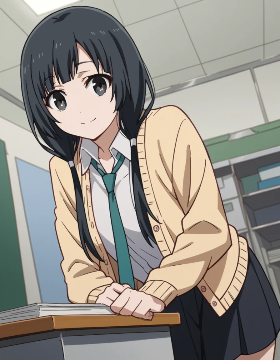 score_9, score_8_up, score_7_up, source_anime, emayasuhara, <lora:ema-yasuhara-s1-ponyxl-lora-nochekaiser:1>, ema yasuhara, long hair, black hair, twintails, black eyes, low twintails,, skirt, school uniform, necktie, cardigan, shirt, grey shirt, black skirt, yellow cardigan,, indoors, office, bent over, smile, looking at viewer, solo, cowboy shot, dutch angle