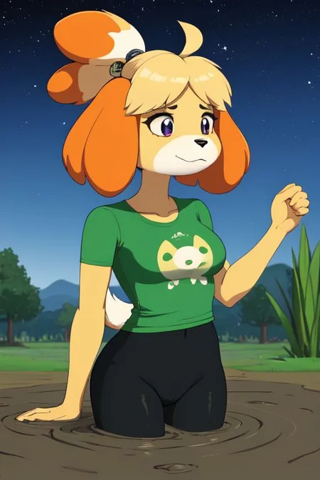 isabelle \(animal crossing\), (masterpiece, best quality:1.15), 1girl, solo, large breasts, high cheekbones, thick eyebrows, small mouth, looking to the side, leaning forward, adjusting clothes, tight leggings, crop top shirt, starry nights, long hair, twin short braids, scared, partially submerged, waist deep, struggling