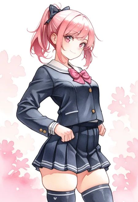 masterpiece, best quality,
<lora:FiRez:1> F1R3z, watercolor \(medium\), 1girl, solo,standing,looking at viewer, happy, closed mouth,pink hair, ponytail, pink eyes,school uniform, bow, long sleeves, skirt, skindentation, thighhighs,