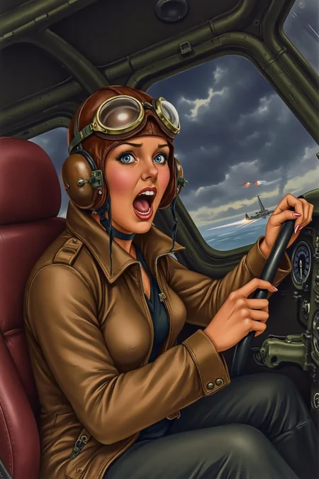 a1bertova illustration.
A female pilot screaming inside the cockpit of a World War II bomber. The pilot, wearing a vintage leather flight helmet with goggles and a bomber jacket, grips the controls with white-knuckled hands. Her face is contorted in a mix of fear and determination as she yells, her eyes wide with adrenaline. The cockpit is cramped and filled with old-fashioned dials and gauges, with the outside view showing dark stormy clouds and distant anti-aircraft fire <lora:albertova1_cap_d6a3e11:0.8><lora:820979618774259772:0>