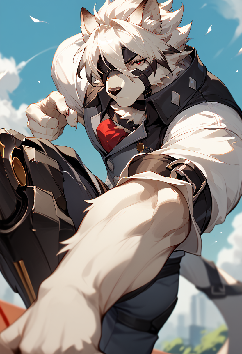 score_9, score_8_up, score_7_up, depth of field, best quality, high res, von_lycaon, <lora:Von_Lycaon:1>, <lora:add-detail-xl:1> BREAK
furry, 1boy, solo, white hair, red eyes, close up, knee up, kick, looking at viewer
