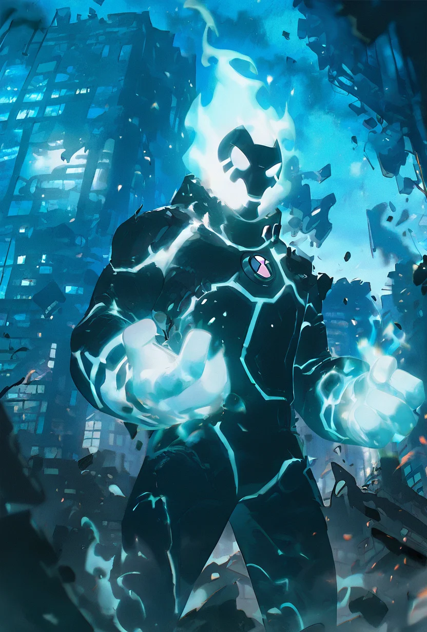 <lora:heatblast-09:1> heatblast, blue fire, black skin,, 1boy, dynamic pose, <lora:WSSKX_WAI:1>, shooting flames, upper body, closeup shot, cowboy shot, destroyed city, shooting flames, broken city, cinematic view, action scene,, masterpiece, best quality, amazing quality, very aesthetic, absurdres, newest,