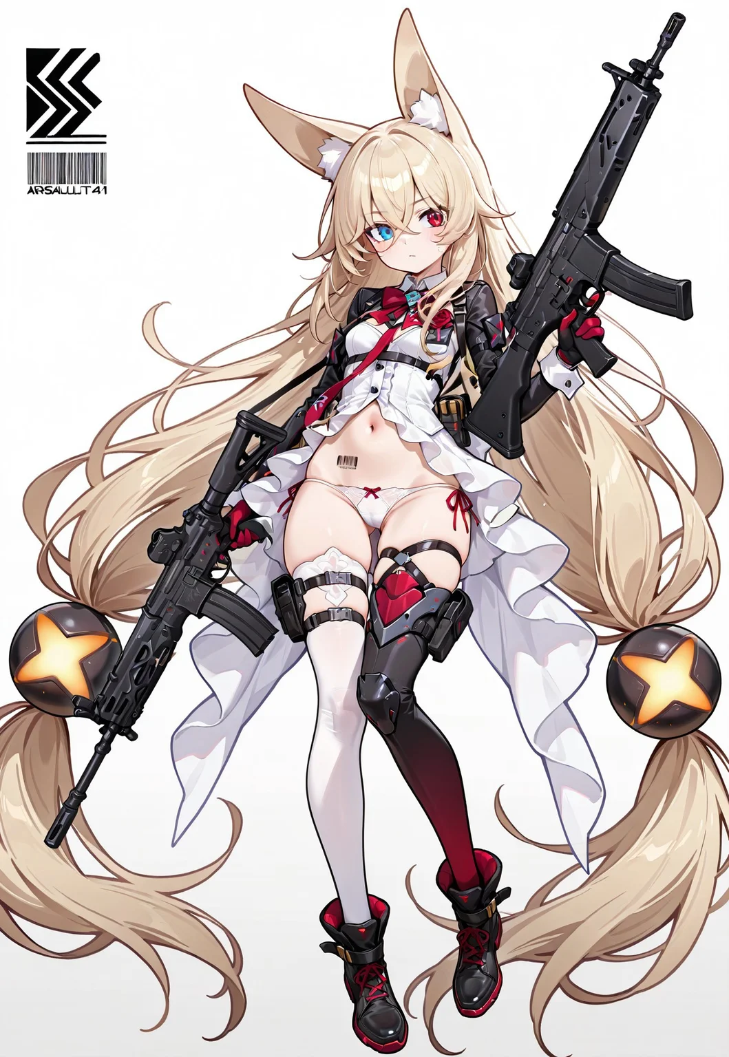,red eyes, holding, asymmetrical legwear, heterochromia, holding gun, H&K G41, underwear, 1girl, long hair, assault rifle, white panties, blue eyes, blonde hair, mismatched legwear, tattoo, very long hair, panties, animal ears, thighhighs, solo, barcode, absurdly long hair, navel, barcode tattoo,