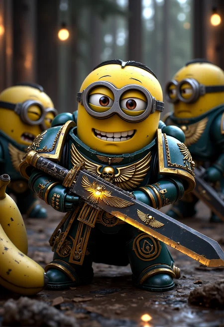 space marine. A fierce but tiny Minion dressed in ceremonial armor with a polished shine, covered in intricate Minion symbols and cartoonish purity seals. The Minion is without a helmet (no helmet:2.0), showcasing their iconic Minion goggles, expressive eyes, and wide smile. The Minion is wielding a power sword with a glowing edge, banana-themed pommel and glowing runes. The Minion is depicted in a scene such as: posing beside a Minion Dreadnought with a massive painted grin, both standing heroically. The Minion's expression is trying to look intimidating, yet charmingly cute. The scene should be depicted in a colorful but gritty Warhammer 40k style, with bright yellows and blues to emphasize the Minionsâ classic color scheme. The armor and weapons are detailed with ornate designs, but humor is maintained through Minion-themed accessories and comical touches. Witty details include: a plasma gun glowing overly bright, with a Minion looking a bit confused as smoke curls out. Background elements should resemble classic Warhammer 40k settings but with a humorous Minion twist, such as: a war zone with banana crates mixed among the supply crates, Minions occasionally peeking out. , <lora:sm2.safetensors:1.0:1.0>