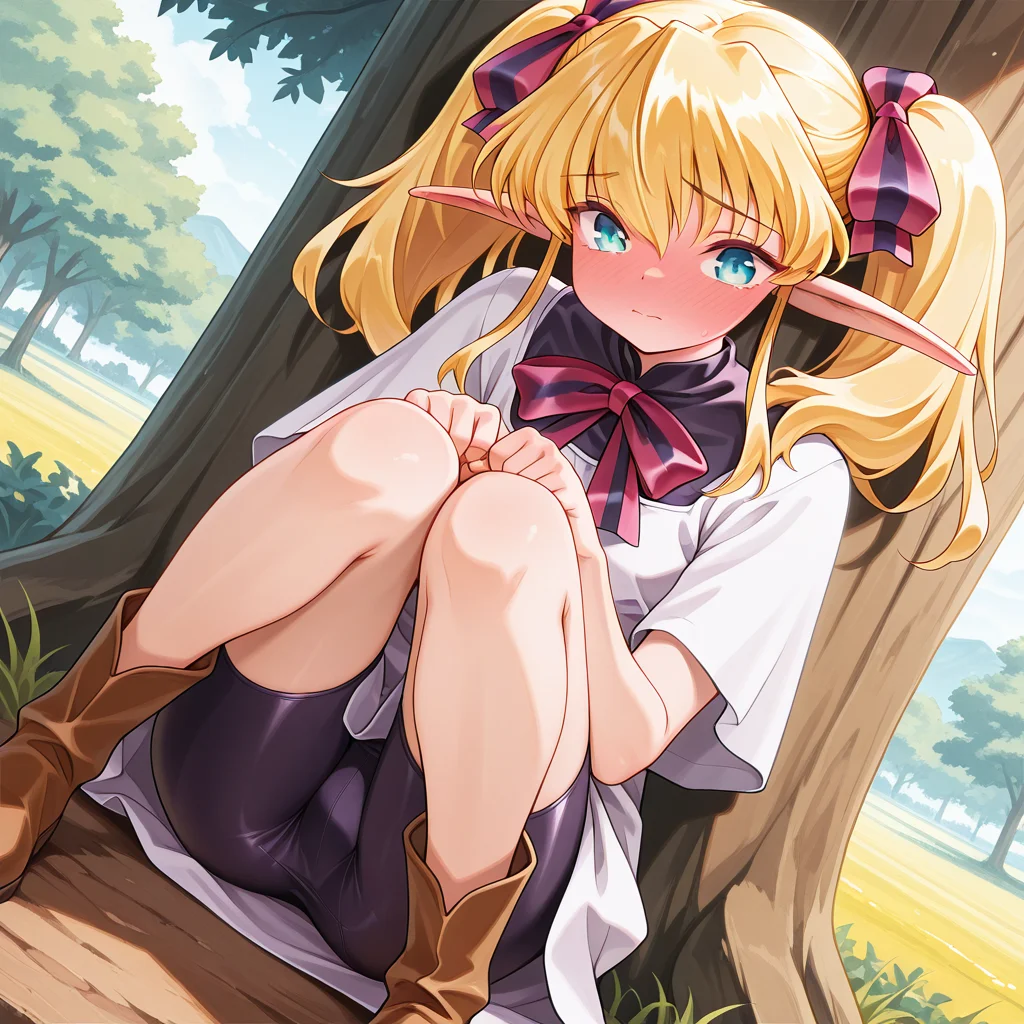 1girl,solo,<lora:IL_Collet_Brause_Pastel_Chime:1>,pc_cb,Collet Brause,elf,pointy ears,blonde hair,twintails,hair ribbon,sidelocks,
dutch angle,foreshortening,fantasy,looking at viewer,side glance,outdoors,
bowtie,bike shorts,school dress,brown boots,knees up,knee to chest,
embarrassed,full-face blush,, masterpiece,best quality,amazing quality,very aesthetic,absurdres,