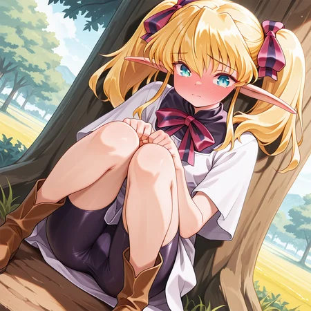 1girl,solo,<lora:IL_Collet_Brause_Pastel_Chime:1>,pc_cb,Collet Brause,elf,pointy ears,blonde hair,twintails,hair ribbon,sidelocks,
dutch angle,foreshortening,fantasy,looking at viewer,side glance,outdoors,
bowtie,bike shorts,school dress,brown boots,knees up,knee to chest,
embarrassed,full-face blush,, masterpiece,best quality,amazing quality,very aesthetic,absurdres,