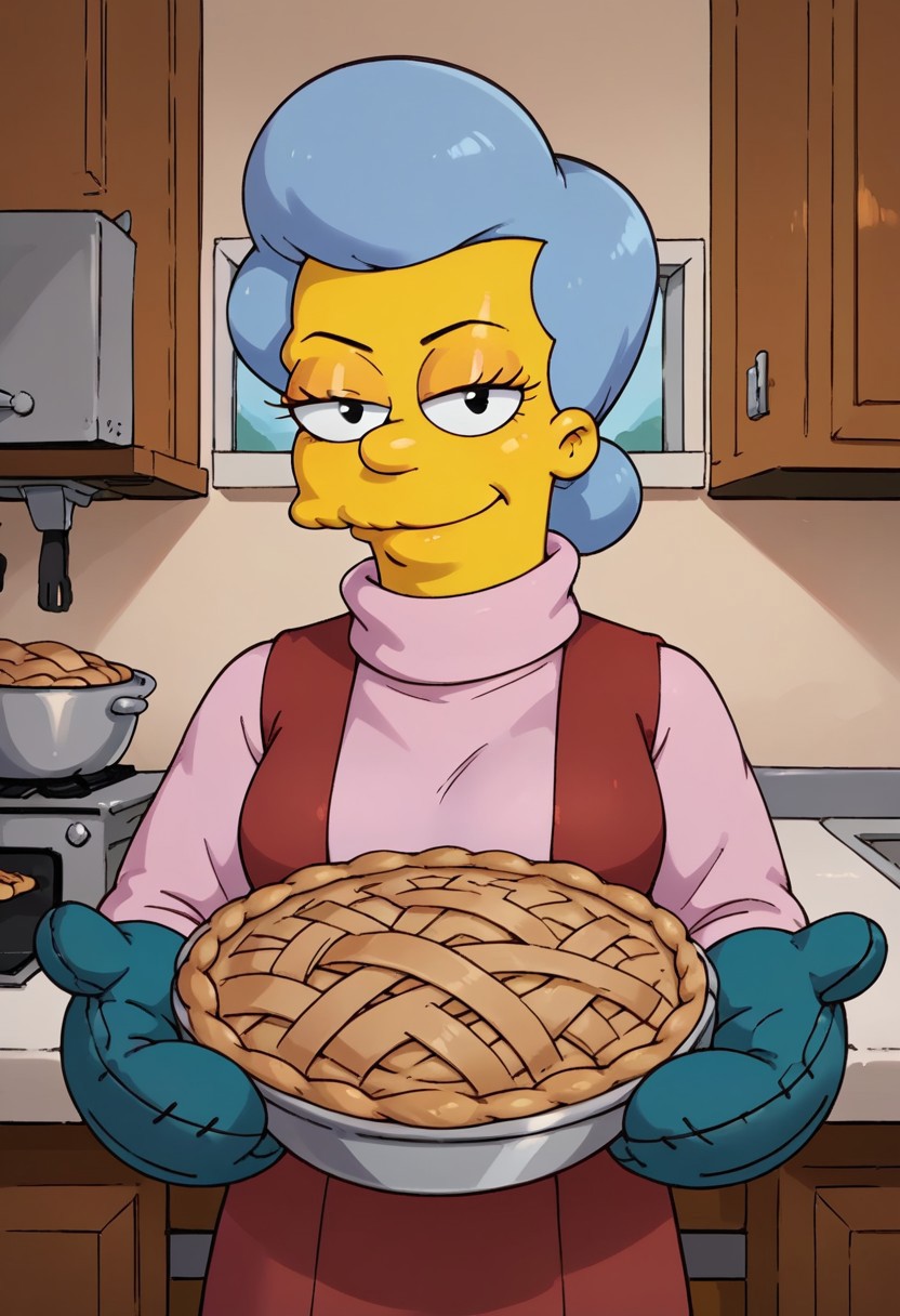 score_9,score_8_up,score_7_up,score_6_up,best quality, 1girl, solo, background is kitchen,
BREAK
monasimpson, yellow skin, colored skin, black eyes, grey hair, mature female, turtleneck, breasts, vest, holding pie, smile, looking at viewer, half-closed eyes, oven mitts,