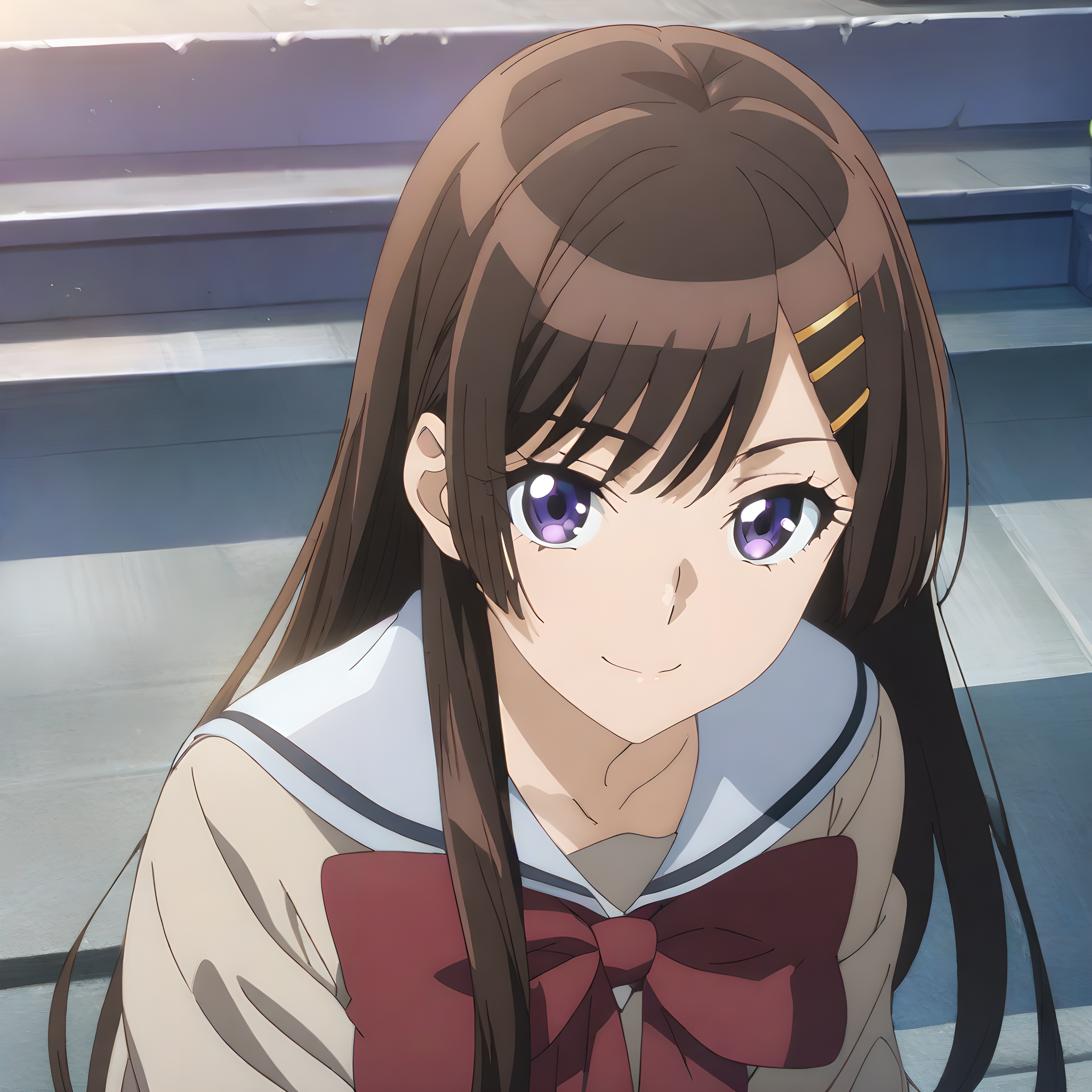 (masterpiece),(best quality),(ultra-detailed),(best illustration),(best shadow),(absurdres),(detailed background),(very aesthetic), otonashi_hibiki, 1girl, solo, brown hair, hair ornament, long hair, smile, hairclip, school uniform, looking at viewer, purple eyes, bow, anime coloring, red bow, bowtie, closed mouth <lora:XL-OtonashiHibiki:1>