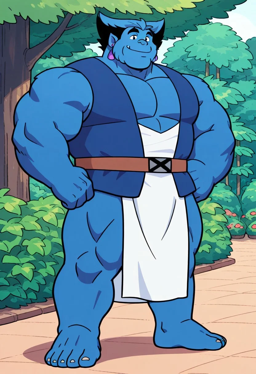 detailed background, detailed background, solo, BeastXM, muscular, chubby, smile, masterpiece, perfect quality, best quality, detailed, newest, very aesthetic, Z00Man0utfit, blue vest, white loincloth, brown belt, purple earrings, bare feet, garden background, forest