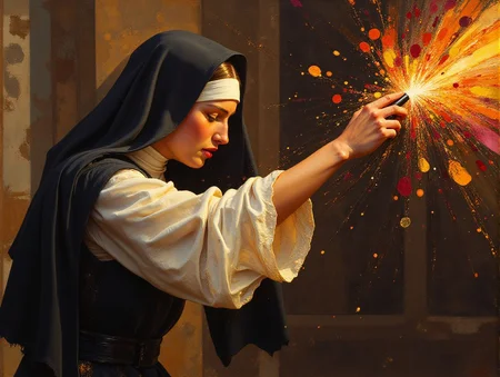 warrior nun fighting in a church <lora:Midjourney_Whisper_Chromaplex_Velvet_Myst_v01:0.8> <lora:Paper_Marbling_Flux:0.5>