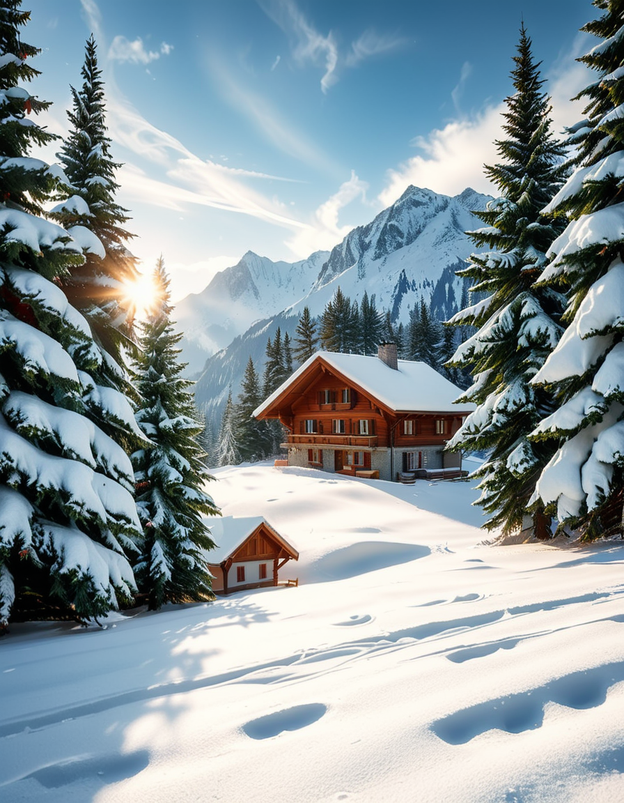 A cozy wooden chalet nestled in a serene winter landscape, surrounded by tall, snow-covered pine trees. Warm golden lights glow from the chalet's windows, contrasting with the crisp, cold air of the snowy evening. A thick layer of fresh snow blankets the ground, with a few footprints leading to the wooden front door. Smoke gently rises from the chimney, suggesting a warm fire inside. The sky is a soft twilight blue, with the first stars beginning to appear. In the foreground, a wooden fence partially covered in snow adds to the rustic charm. A small stack of firewood is neatly arranged near the entrance. The atmosphere is peaceful and inviting, evoking a sense of warmth and solitude in the midst of nature. The art style is hyper-realistic with soft lighting and high detail, emphasizing the texture of the wood, snow, and trees.
<lora:SDXLFaeTastic2400:0.4> <lora:extremely_detailed:0.4> extremely detailed, <lora:winter_l4ndsc4p3:1>,winter l4ndsc4p3, Masterpiece,best quality,hi res,8k,hi res,8k,award winning,(sharp focus, intricate, highly detailed),