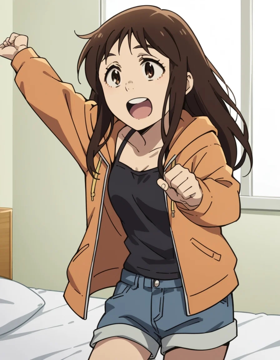 score_9, score_8_up, score_7_up, source_anime, <lora:airi-katagiri-s1-ponyxl-lora-nochekaiser:1>, airi katagiri, long hair, brown hair, brown eyes,, jacket, open clothes, shorts, hood, hoodie, denim, blue shorts, denim shorts,, bedroom, alarm clock, morning routine, yawning, stretching, on bed,, smile, , hand palm facing up, solo,, cowboy shot, dutch angle