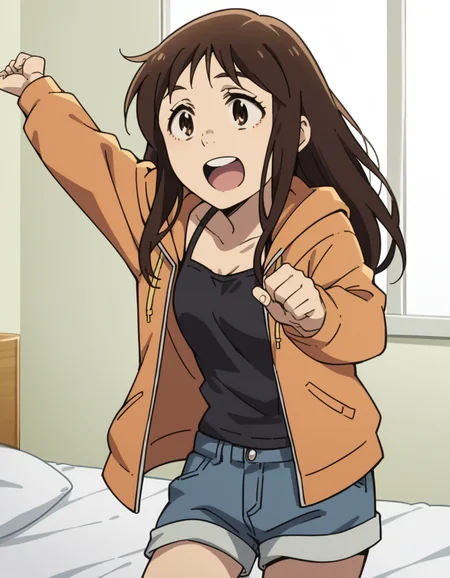 score_9, score_8_up, score_7_up, source_anime, <lora:airi-katagiri-s1-ponyxl-lora-nochekaiser:1>, airi katagiri, long hair, brown hair, brown eyes,, jacket, open clothes, shorts, hood, hoodie, denim, blue shorts, denim shorts,, bedroom, alarm clock, morning routine, yawning, stretching, on bed,, smile, , hand palm facing up, solo,, cowboy shot, dutch angle