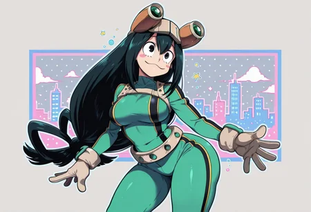 StickerSheet, Stickers, Sticker, masterpiece, best quality, Plain grey background, 1girl, solo, twintails, blue hair, blue eyes, very long hair, Asui_Tsuyu, goggles, gloves, green suit, :3, boobs, ass, laying on back, laying flat, contrapposto, smile, blush, pastel colors, pink theme, 80's theme, city pop, colorful, thick outline, vector graphics, abstract background