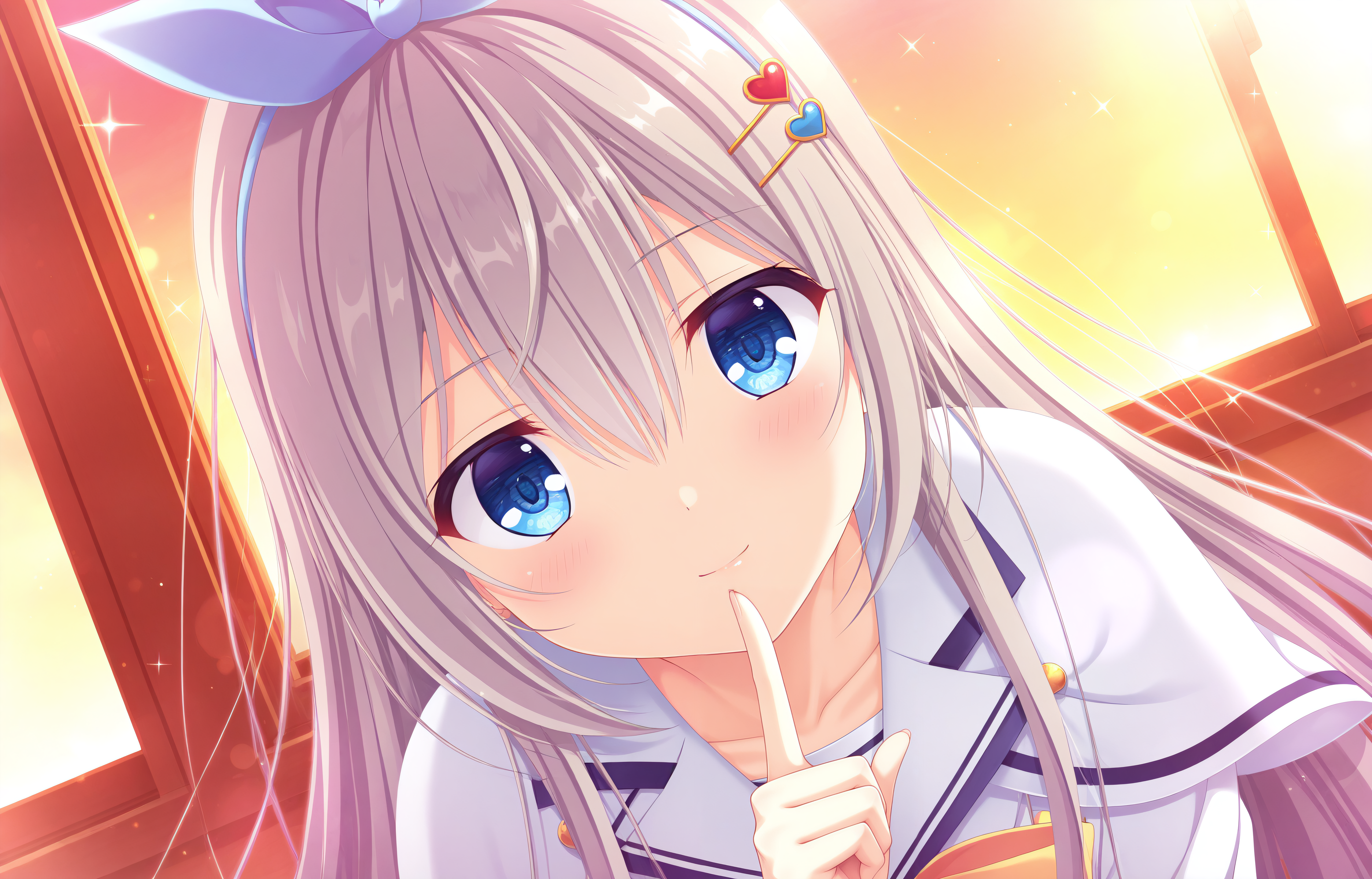 realistic, (high_resolusion, (8K:1.5),incredibly_absurdres,masterpiece, best quality, highres, newest, scenery, 1girl, solo, official style,best perspective,depth of field, very_aesthetic, best_quality ,high_resolusion, 8K,crisp quality, ultra detailed,perfect anatomy,anime screencap,EasyNegativeV2, <lora:Sagisawa_Arisu_Test:1>,1girl,Arisu, Uniform Arisu, very long hair, grey hair, blue eyes, bangs, hair between eyes, hairclip, heart hairclip, blue_hairband, hair ornament, school uniform,long sleeves,white uniform, dark_blue_low_hair_bow, sailor uniform, white sailor collar, blue trim, double-breasted uniform, gold buttons, white skirt, pleated skirt, white thighhighs, light_blue_bow_thighhighs, (yellow_chest_ribbon:1.3),
 1girl, solo, smile, blush, looking at viewer, collarbone,  index finger raised,  closed mouth, upper body, sparkle, lens flare,dutch angle, head tilt, sunset,window, leaning forward,close-up,(light smile:1.2),pov,from side,   shushing,shadow,