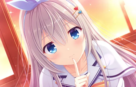 realistic, (high_resolusion, (8K:1.5),incredibly_absurdres,masterpiece, best quality, highres, newest, scenery, 1girl, solo, official style,best perspective,depth of field, very_aesthetic, best_quality ,high_resolusion, 8K,crisp quality, ultra detailed,perfect anatomy,anime screencap,EasyNegativeV2, <lora:Sagisawa_Arisu_Test:1>,1girl,Arisu, Uniform Arisu, very long hair, grey hair, blue eyes, bangs, hair between eyes, hairclip, heart hairclip, blue_hairband, hair ornament, school uniform,long sleeves,white uniform, dark_blue_low_hair_bow, sailor uniform, white sailor collar, blue trim, double-breasted uniform, gold buttons, white skirt, pleated skirt, white thighhighs, light_blue_bow_thighhighs, (yellow_chest_ribbon:1.3),
1girl, solo, smile, blush, looking at viewer, collarbone, index finger raised, closed mouth, upper body, sparkle, lens flare,dutch angle, head tilt, sunset,window, leaning forward,close-up,(light smile:1.2),pov,from side, shushing,shadow,
