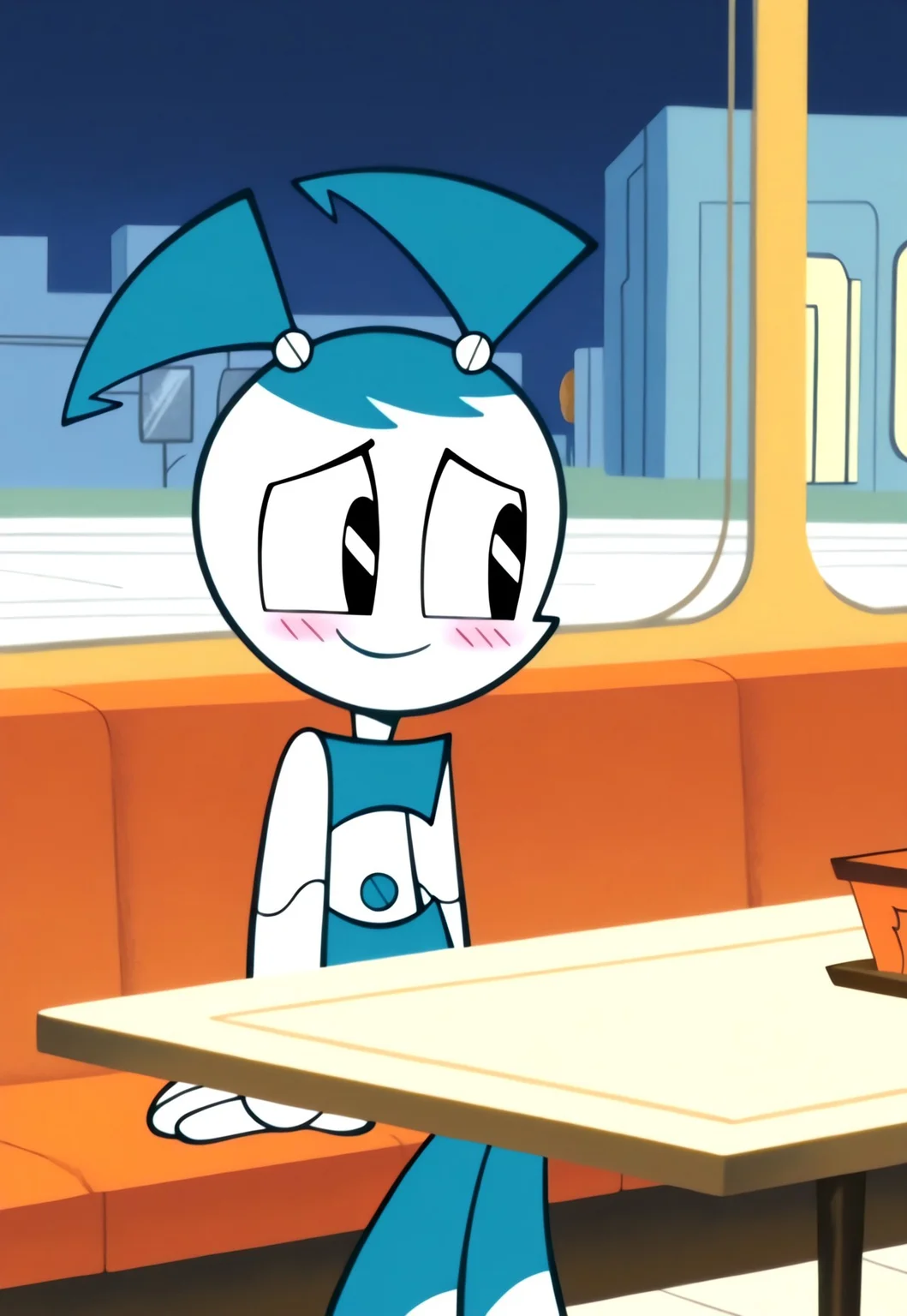 masterpiece, absurdres, highres, (anime screencap:2, anime coloring:2), on-model, accurate art style, anime screencap, anime coloring, show accurate, cartoon screencap, movie accurate, official screencap, style parody, flat colors, official art, proper proportions, extremely detailed, newest, 2024, BREAK, 1girl, jenny wakeman, xj9, robot, joints, android, robot joints, white skin, blue hair, black eyes, tank top, skirt, twintails, sitting in a restaurant booth, looking at side, blush, shy smile, BREAK, detailed background, indoors, restaurant, table, booth, menu on the table, window, sidewalk, buildings, midday, BREAK, cowboy shot, BREAK, vibrant colors, cinematic lighting, 75% soft lighting, 25% dark lighting