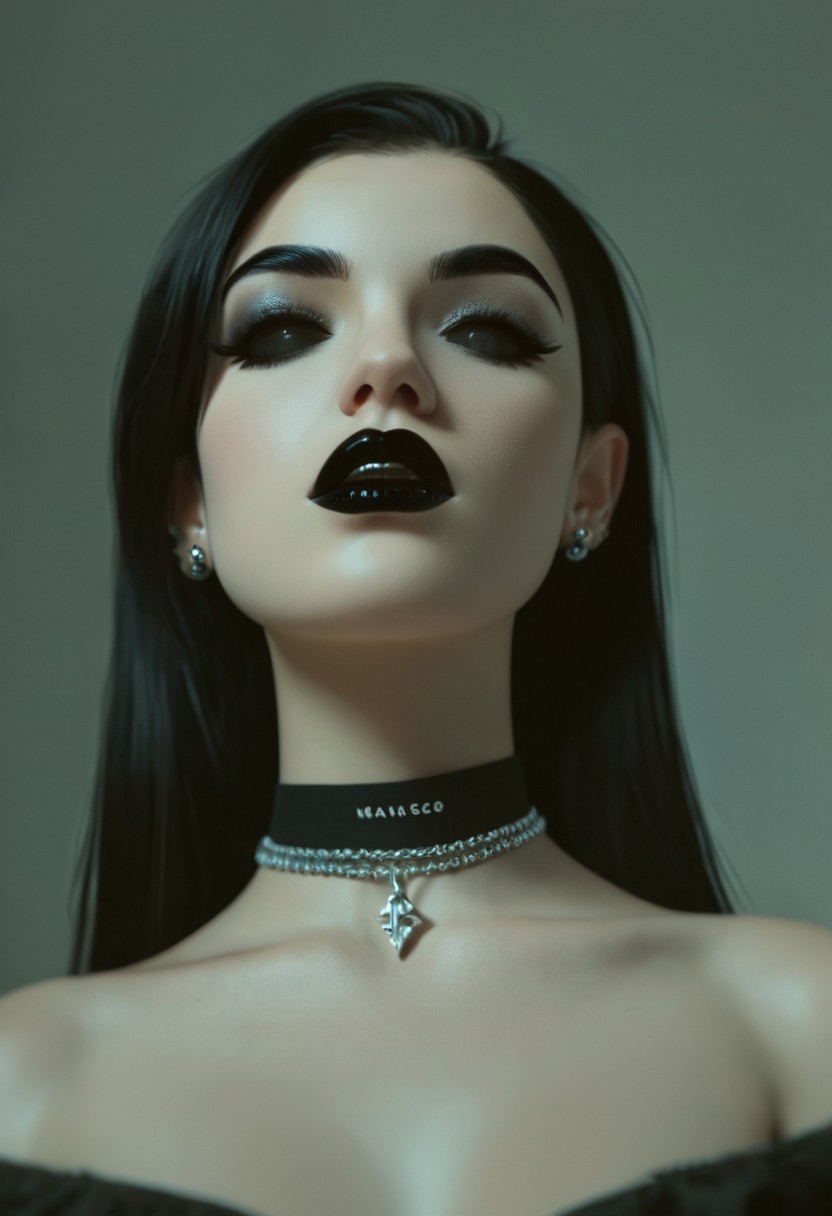 score_9, score_8_up, score_7_up, 1girl, solo, anka, goth girl, black hair,  seductive, dominant, black lipstick, choker, earrings, (((black eyes, black sclera))), large eyes,
looking at viewer, dynamic light, eyeliner, cinematic light, close up, from below, cinematic colors