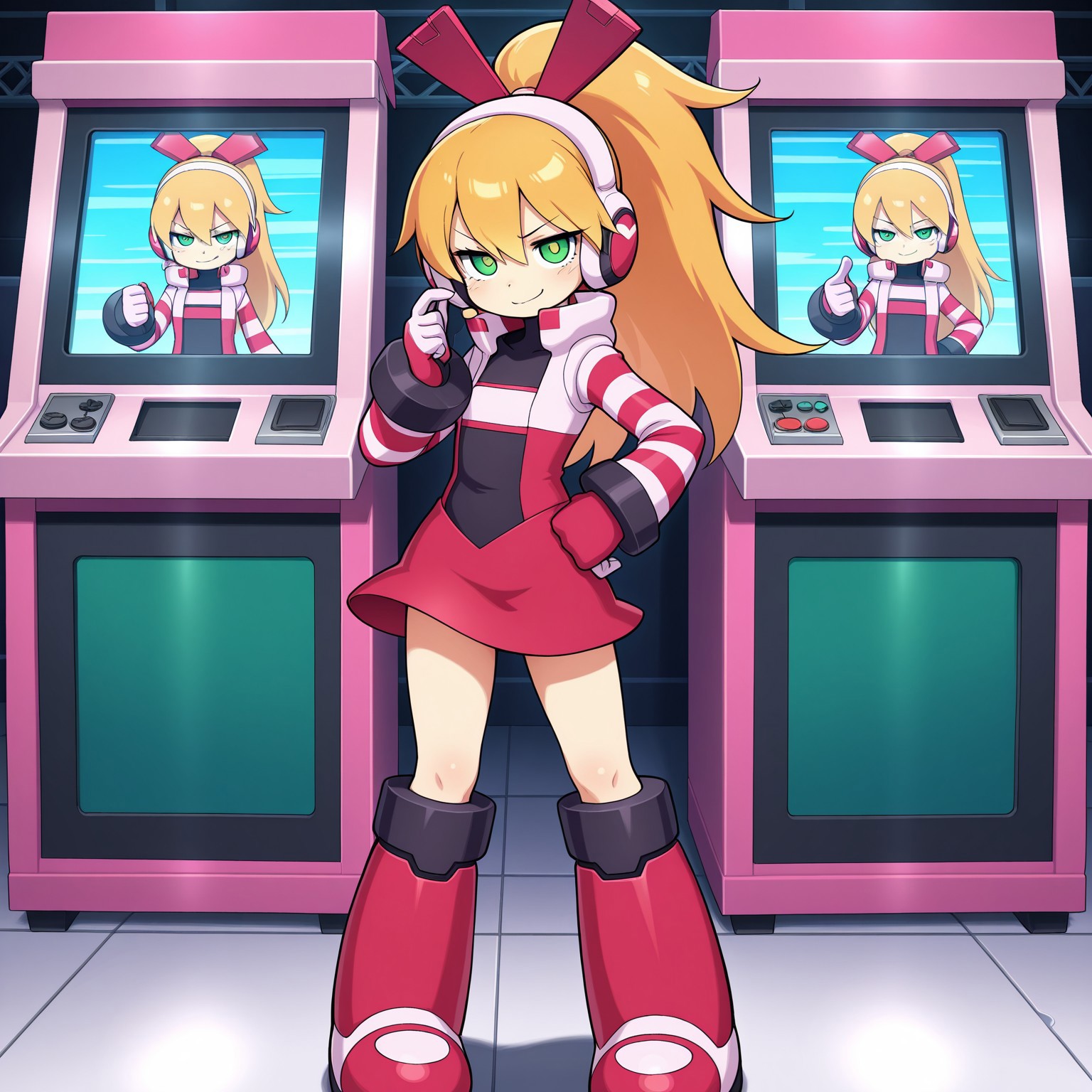 masterpiece, best quality, break, ca_mnn, blonde hair, long hair, ponytail, headphones, green eyes, ribbon, gloves, striped sleeves, skirt, knee boots, skirt, hand on hip, smirk, posing, looking at viewer, arcade