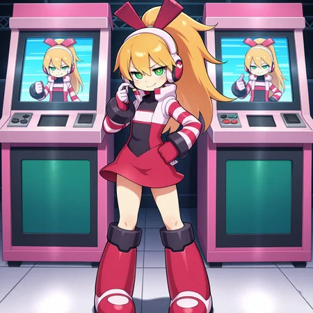 masterpiece, best quality, break, ca_mnn, blonde hair, long hair, ponytail, headphones, green eyes, ribbon, gloves, striped sleeves, skirt, knee boots, skirt, hand on hip, smirk, posing, looking at viewer, arcade