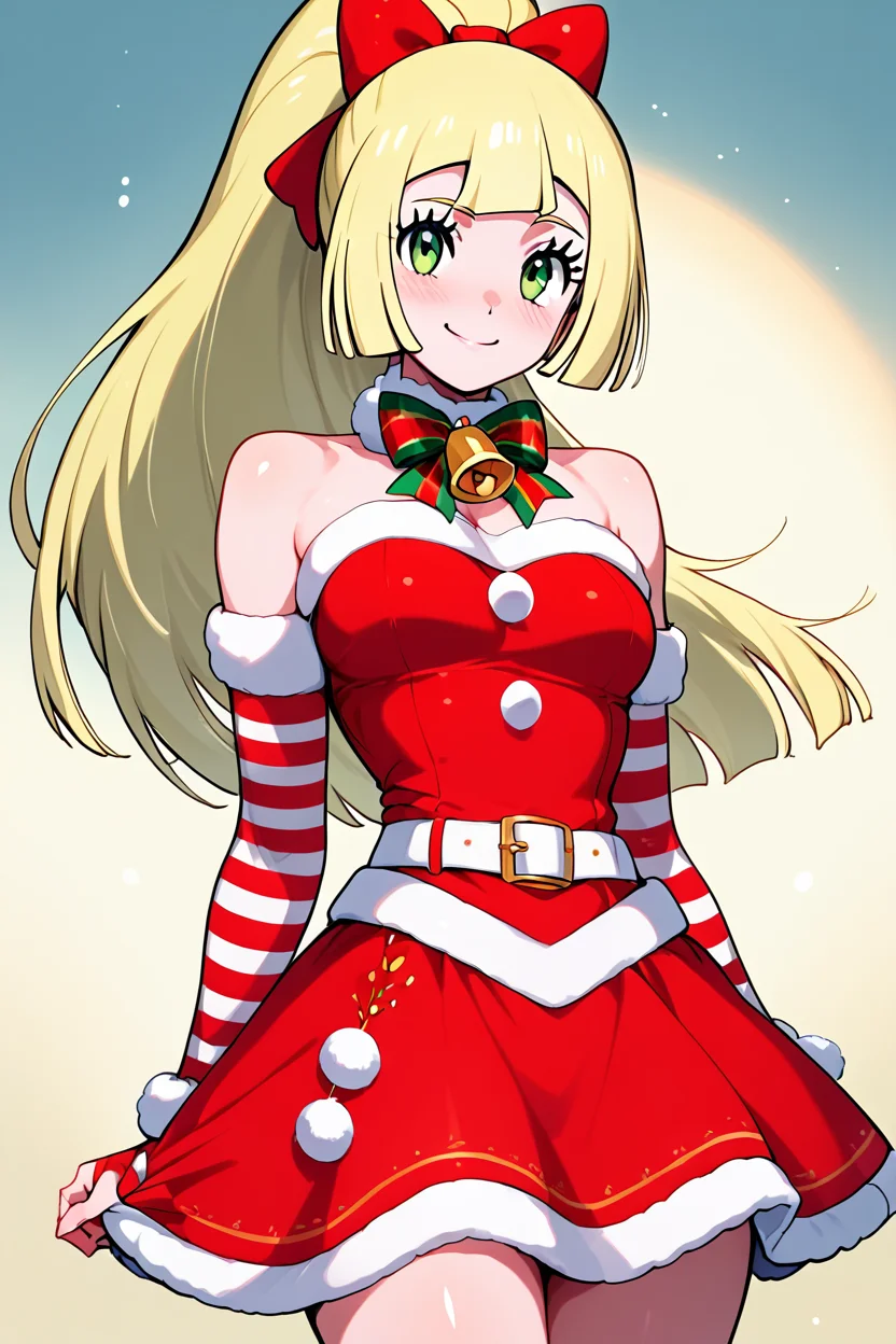 score_9, score_8_up, score_8, medium breasts, (curvy), cute, eyelashes, ,,, , zzPLillie, green eyes, blonde hair, hair bow, long hair, ponytail, bow, christmas, dress, bare shoulders, bell, striped, red dress, neck bell, belt, <lora:PeppermintLilliePDXL:1.0>, ,,,, BREAK, <lora:Afrobull_PDXL_v5:0.8>, ,,, BREAK, smile, looking at viewer, closed mouth, cowboy shot, ,,, embedding:zPDXL, Expressiveh, ,,, <lora:SDXLFaeTastic2400:0.5>, <lora:Expressive_H-000001:0.4>,