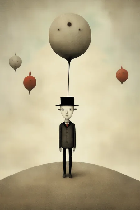 <lora:Gabriel Pacheco Style:1>Gabriel Pacheco Style - The one being, middle of nowhere, in the style of conceptual minimalism, psychological depth, smilecore, digitally enhanced, exacting precision, Style of Yuko Shimizu Style of Gabriel Pacheco Style of Roland Topor