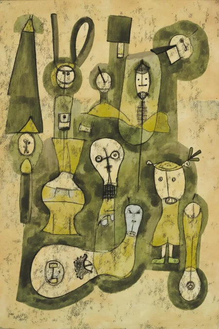 paulklee1 painting.
A complex composition featuring figures rendered as abstract, biomorphic forms in shades of green, brown, and beige.
<lora:paulklee1_cap_d8a4e12:1.0><lora:839866677328919225:0>