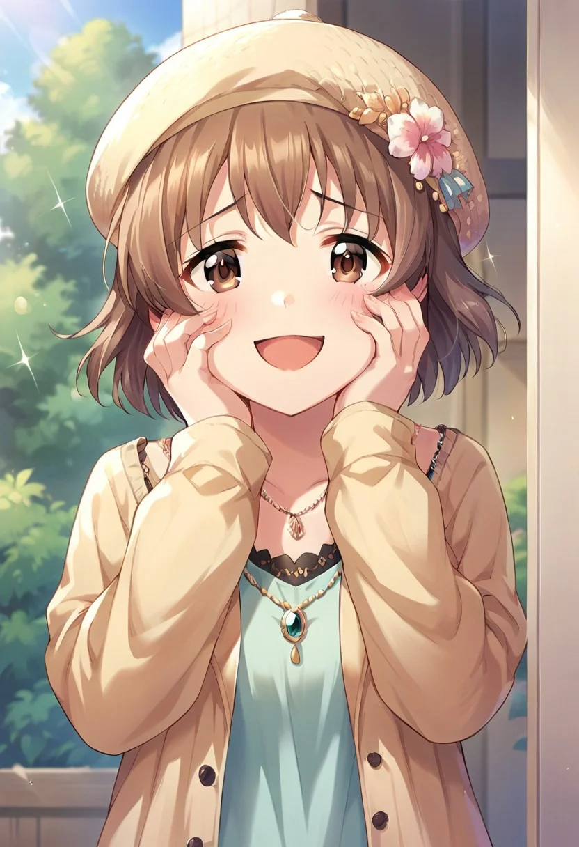 score_9, score_8_up, score_7_up, source_anime,kita hinako, brown hair, short hair, brown eyes, 1girl, solo, hat, open mouth, smile, blush, hands on own face, jewelry, hands on own cheeks, necklace, looking at viewer, :d