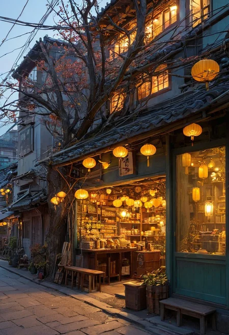 A cozy, small traditional Korean shop illuminated warmly at dusk, surrounded by a large, intricate tree with branches sprawling across the scene. The shop has wooden panels and shelves filled with various goods, and a soft yellow glow emanates from its windows and lanterns. Outside, there are a few stools and tables under the tree, scattered leaves, and soft lighting creating a serene and nostalgic atmosphere. Overhead, electrical wires crisscross the sky, adding depth and realism. The environment is peaceful, with a blend of natural and urban elements harmonizing beautifully.. (anime, cyberpunk, Moebius (Jean Giraud) Style page), Chiaroscuro Lighting Style