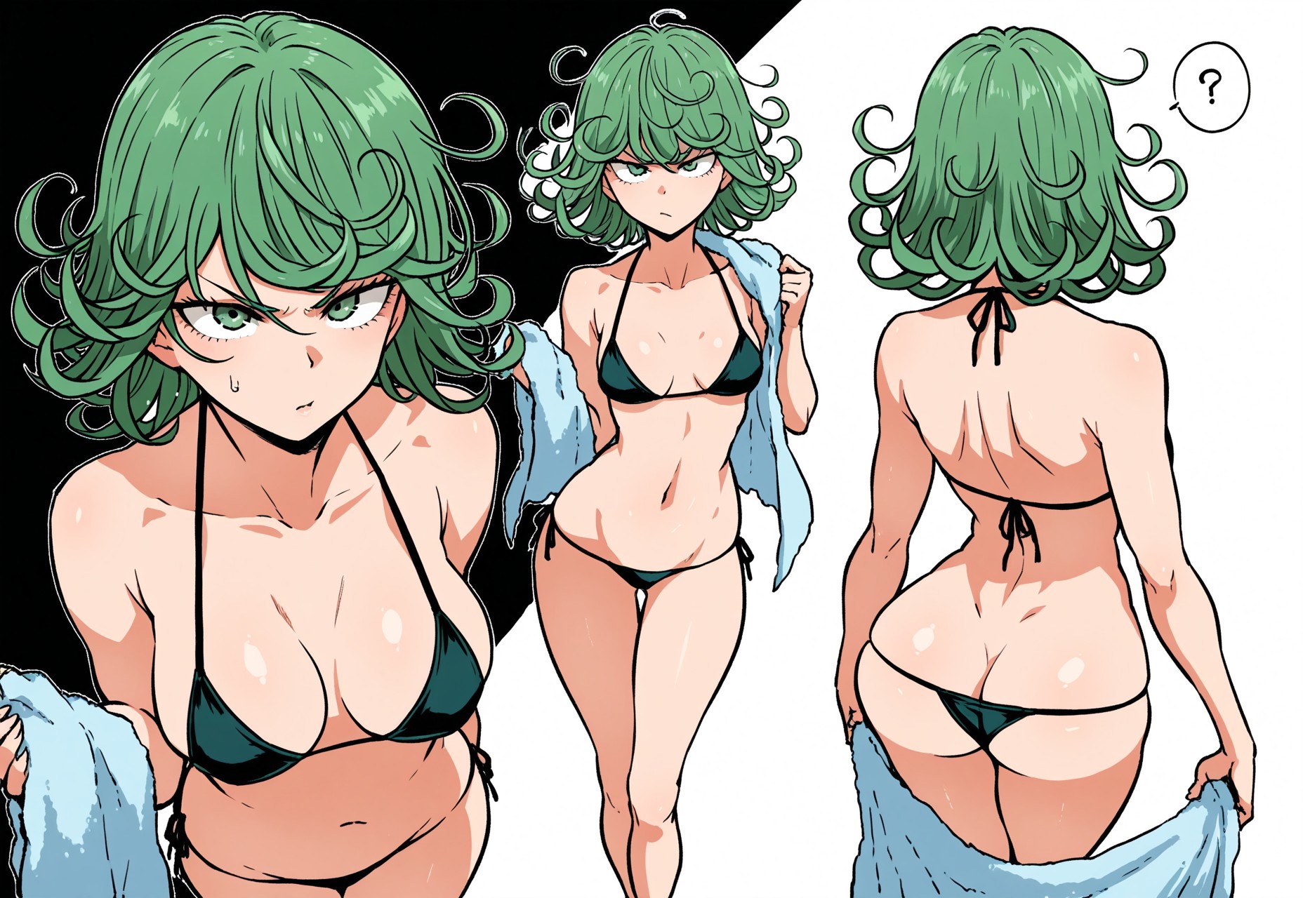 safe_pos, Masterpiece, 1girl, Tatsumaki (One punch man), buttcrack. The pov is above and over the shoulder, with tatsumaki facing away from the viewer. her head is turned back to look up at the viewer confused and slightly annoyed. shes in a tiny bikini, with the bottom bikini showing some of her buttcrack. She's standing in a beautiful beach area with towel set up.