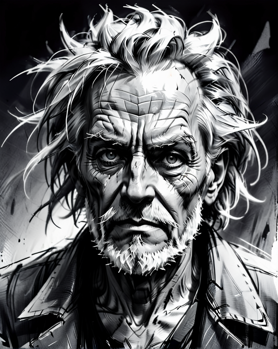 concept art, black and white, black ink and brush style, the face of a 85 year man who has been struggling through the bleak dreary drudgery of life, square shaped face, detailed skin, detailed skin texture, skin pores, vellus hair, crystal clear light grey eyes, (leathery skin, worn damaged skin, thin paper like skin , wrinkled skin, loose skin:1.3) sunken eyes, flat bulbous nose, crooked nose, high cheekbones, (sunken cheeks:1.3), prominent chin, deep worry lines, gaunt, broken, (long hair, full head of hair, thick hair, white hair, wild wiry hair, hair sticks straight up like a mad scientist, unkempt hair:1.3),  (long wiry white beard, messy wild beard, big thick wildly bushy eyebrows, grey eyebrows, thick visible ear hair, long visible nose hair:1.3), thin sunken lips like, has no teeth, (prominent underbite:1.3), it feels like everything and everyone has been trying to drag him down as he just tried his best to get through every damn day, dark, ominous, wrinkled denim jean shirt,
