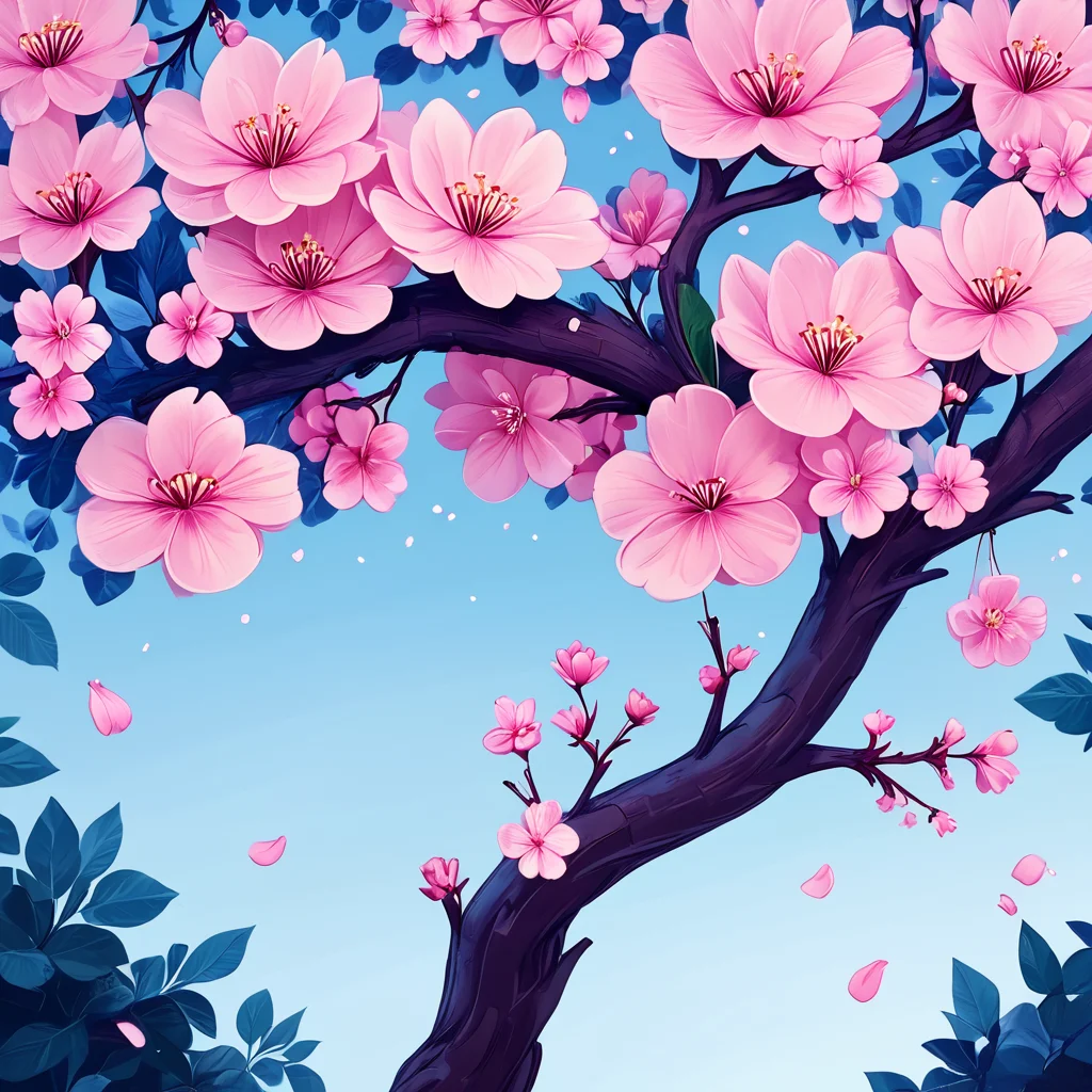 Score_9, score_8_up, score_7_up, score_6_up, BREAK  <lora:Flat_Cartoon_IllustrationPony:1> ArsMJStyle, Flat Cartoon Illustration, The image shows a tree with pink flowers in the middle of a blue sky surrounded by a vibrant spring landscape. The tree is animated with its branches and leaves swaying in the breeze and the flowers are in full bloom creating a beautiful and peaceful atmosphere., no humans, flower, tree, sky, cherry blossoms, pink flower, petals, blue background, blue sky, branch