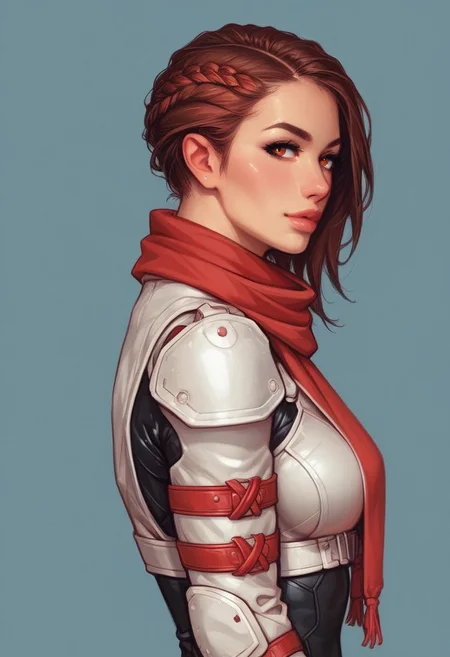 (((side view)))
A pale skinned girl, a part of the healer class in the futuristic sci-fi videogame she inhabits. Dressed in grimy and worn-out clothes, she stands in a dimly lit (underground base:1.5). Her body is adorned with white latex garments with red accents/details, including a complex design bodysuit, a scarf tied around her neck, and several white belts, white harnesses, and white holsters for her tactical equipment. Her attire is accented with red, crop jacket. She holds a handgun in her hand, ready to use it in battle, Looking at viewer, confident cute pose, shiny reflective eyes.
(((full-clothed))),
BREAK
(outdoor background:1.9) score_9, score_8_up, score_7_up, score_6_up, source_cartoon, rating_explicit, Expressiveh, (((((upper body))))), dynamic pose