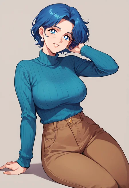 (masterpiece), best quality, a 30-year-old woman with (blue bob hair) and blue eyes, she wears a (cyan blue sweater) (long sleeves) and (brown pants), light smile, mature female, motherly, score_9, score_8_up, score_7_up, source_anime, score_9, score_8_up, score_7_up, sm90s